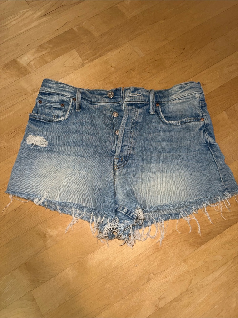 MOTHER High Waist Distressed Denim Cutoff Shorts W/ Button Fly